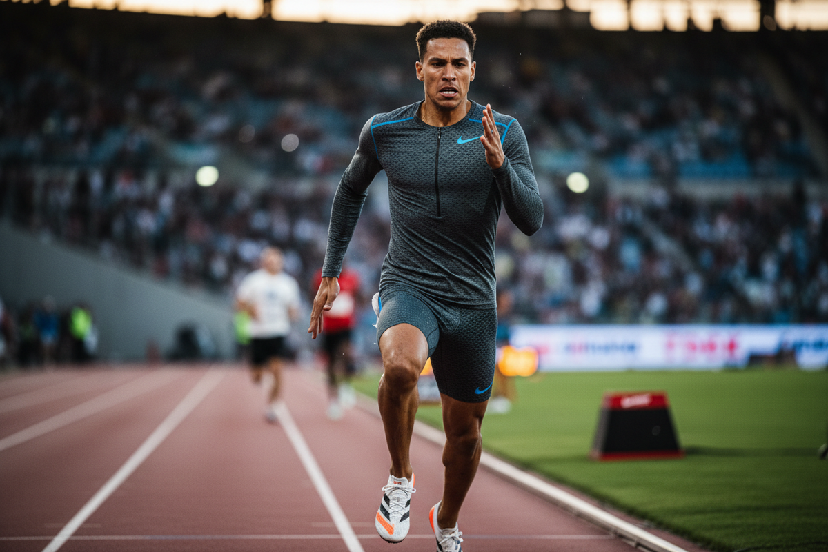 A male athlete sprints down a red track in a grey long-sleeved running top during a nighttime track and field event.