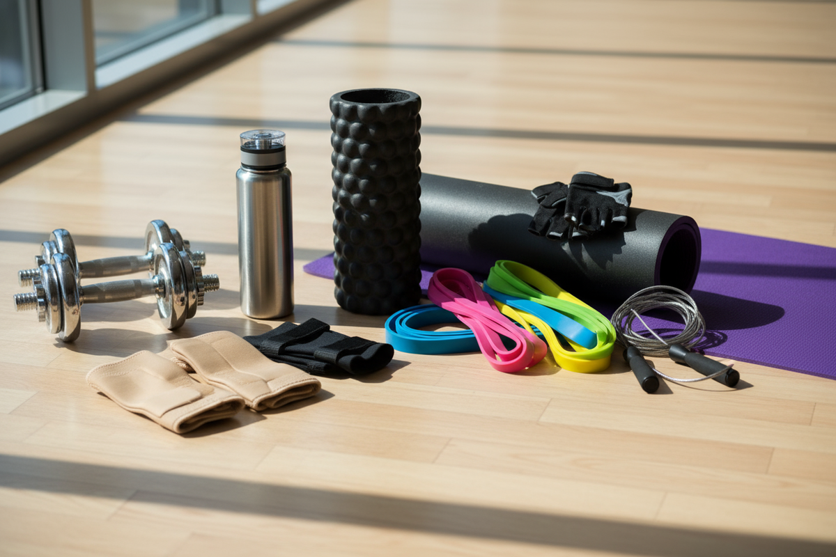 Assorted fitness equipment including dumbbells, a stainless steel water bottle, a foam roller, a yoga mat, resistance bands, wrist supports, gloves, and a jump rope arranged on a wooden gym floor.