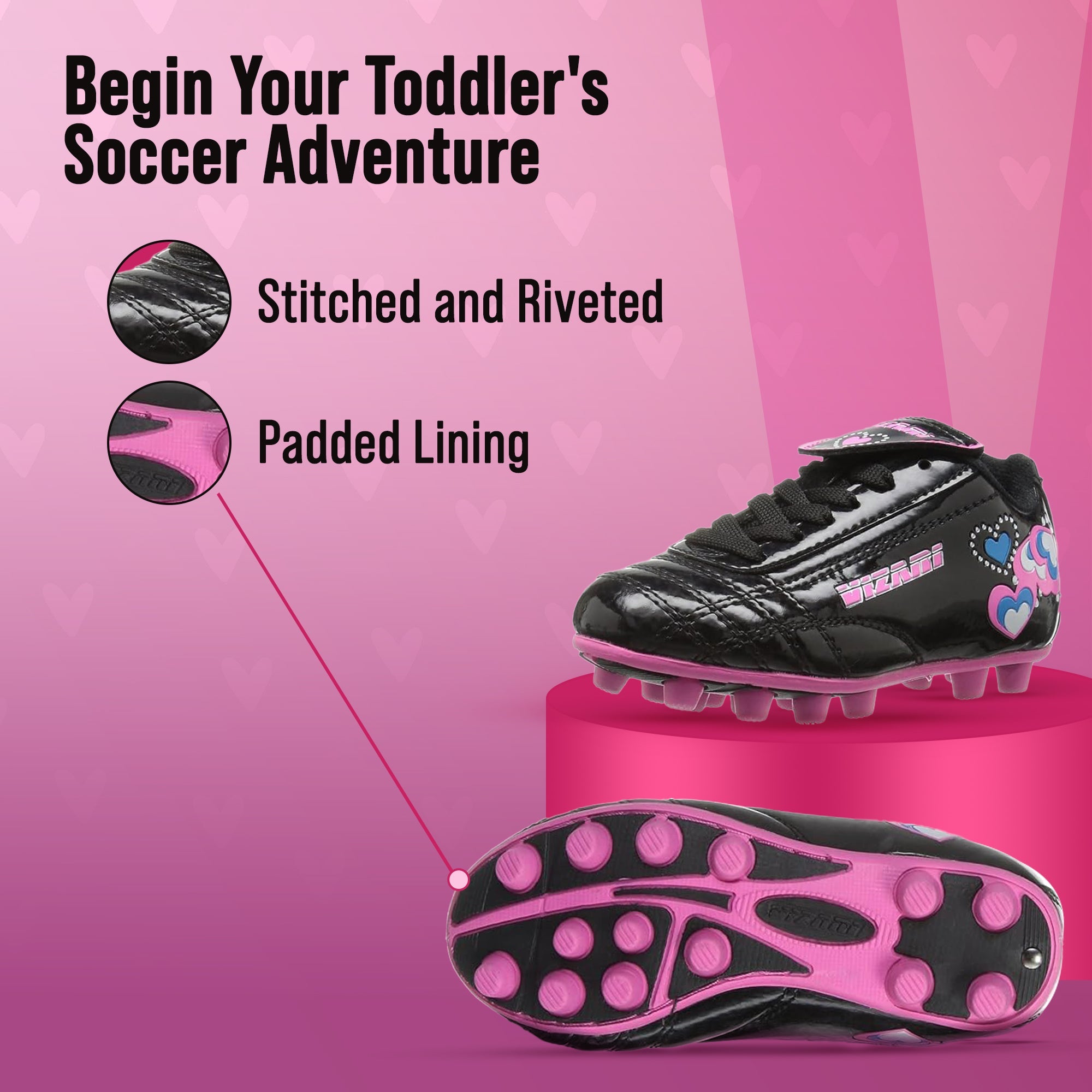 Shiny Retro Hearts Firm Ground Soccer Shoes -Black/Pink - Vizari Sports