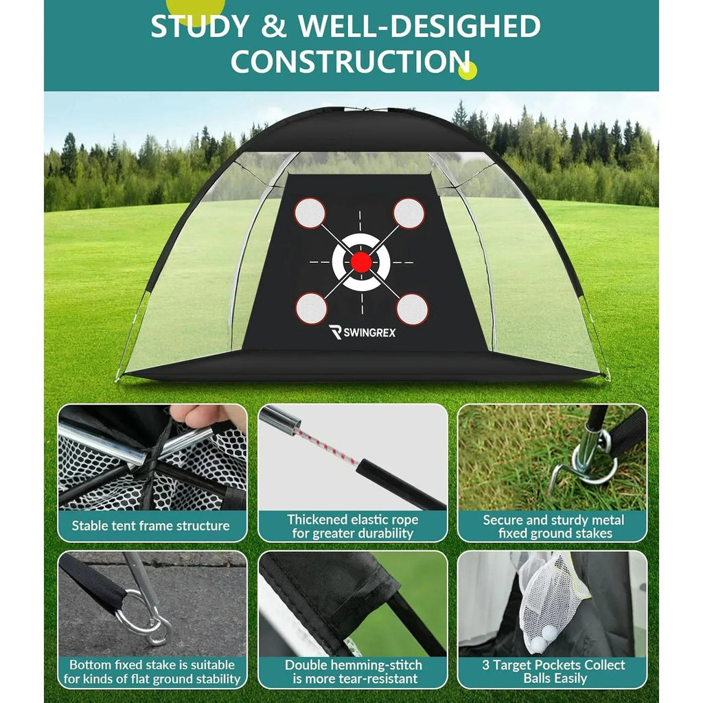 SwingRex 10x7 FT Golf Practice Net with Mat & Target | Backyard Driving & Chipping Trainer (4 Pockets)