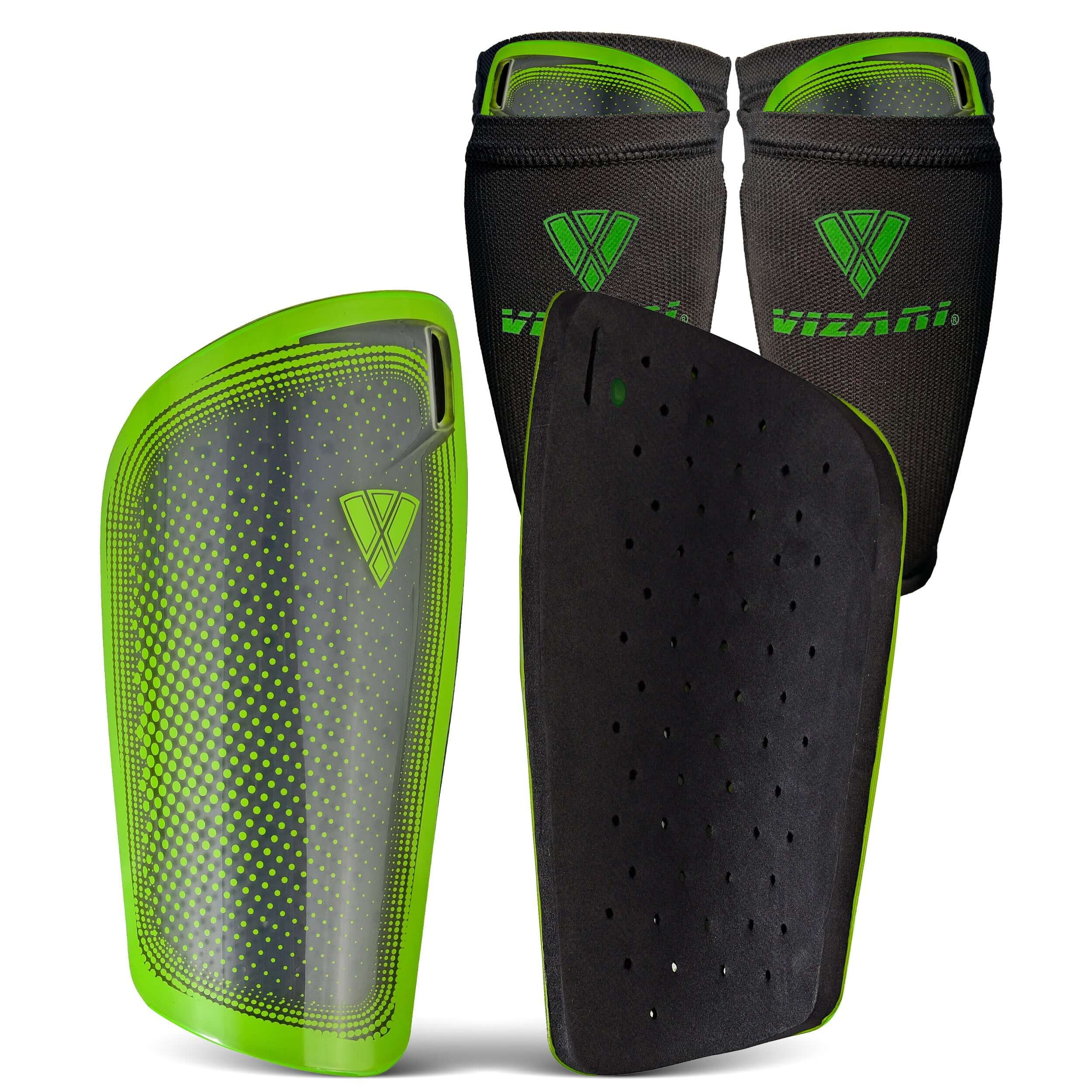 Vizari Atletico Soccer Shin Guards with Compression Pocket Sleeve – Green/Grey