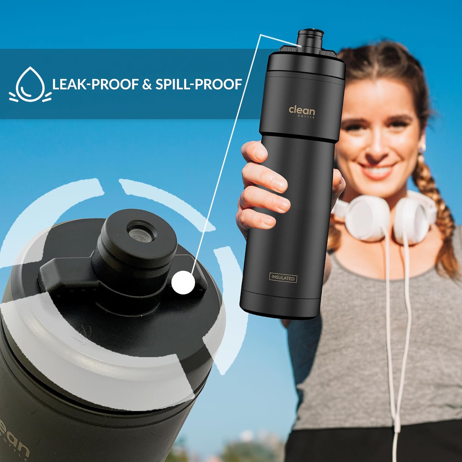 Clean Bottle Insulated Bike Water Bottle, 23 oz, Black, Easy Clean Nozzle, Squeeze Design, Model SPT23001