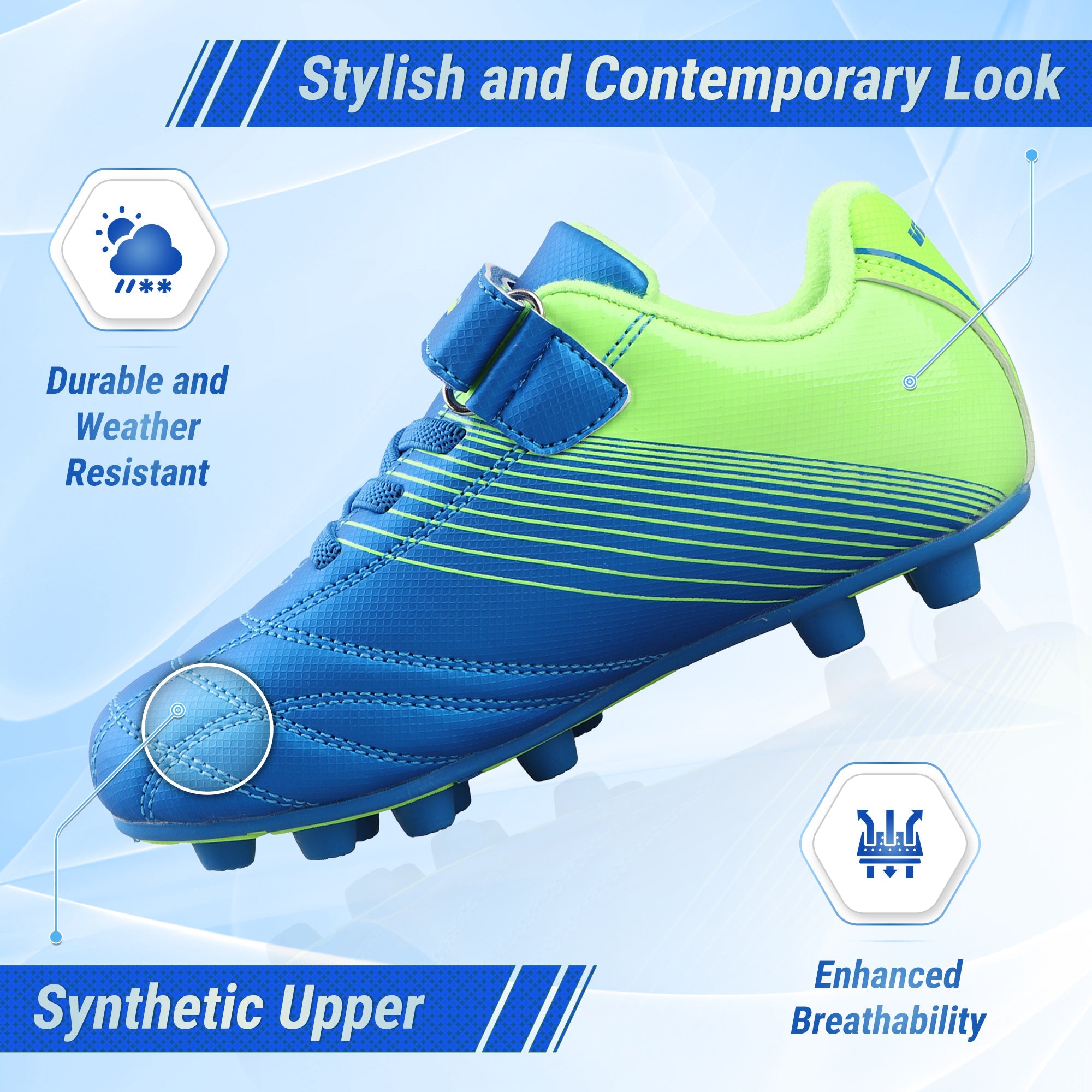 Vizari Sports Loma Velcro Youth Firm Ground Soccer Cleats - Blue/Green