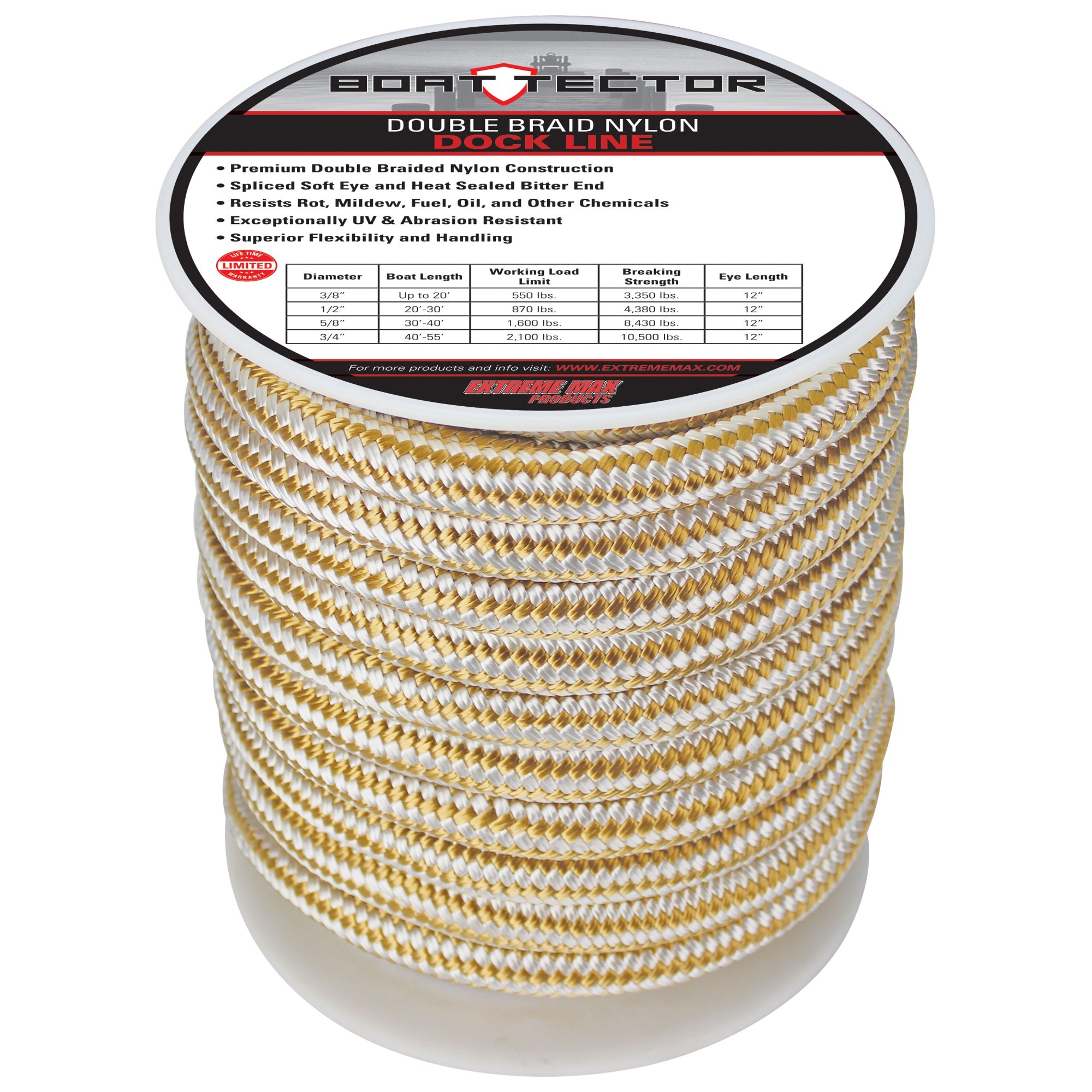 Extreme Max 3006.2329 Boattector Double Braid Nylon Dock Line - 3/4'' X 60', White & Gold