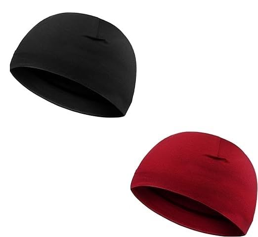 Athravfit Men Skull Caps Soft Cotton Beanie Sleep Hats Stretchy Helmet Liner Multifunctional Headwear For Men Women (Black Red)
