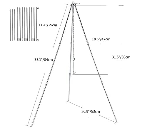 Yahpetes 31.5'' Camping Tripod 3 Sections Aluminum Telescopic Campfire Tripod Portable Outdoor Cooking Tripod (Sliver)