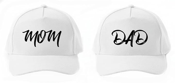 Mom Dad Caps Set, White With Black Print, Matching Couple Hats, Pack Of 2