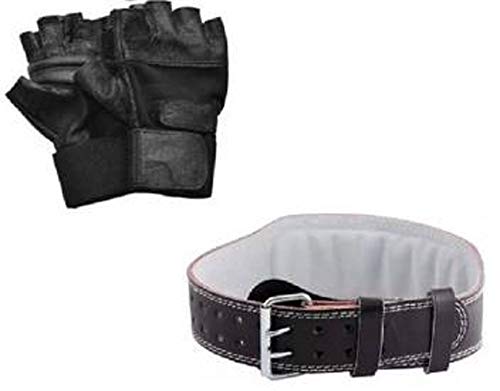 Monika Sports Gb 003 Leather Weight Lifting Belt With Gym Gloves, 4 Inch (Black)