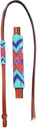 Showman 4' Leather Over Under Whip W/Teal, Purple & Orange Beaded Overlay