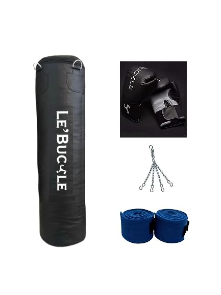 Le Buckle Pu Leather Filled Heavy Punching Bag With Hanging Chain, Boxing Gloves And Handwraps (Black, 12Oz) (4 Feet)