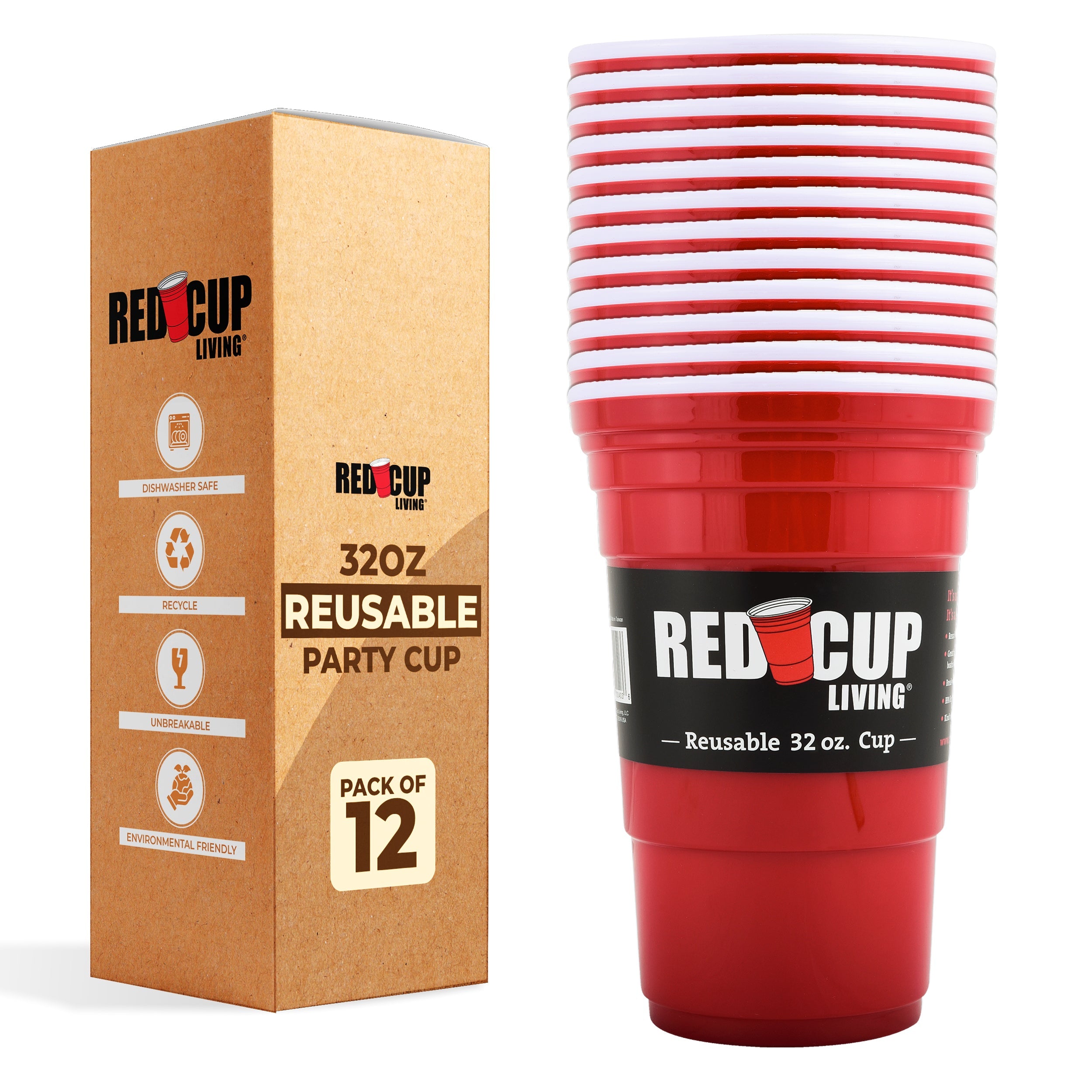Redcupliving 32oz Reusable Party Cups, Pack of 6, Leakproof & BPA-Free