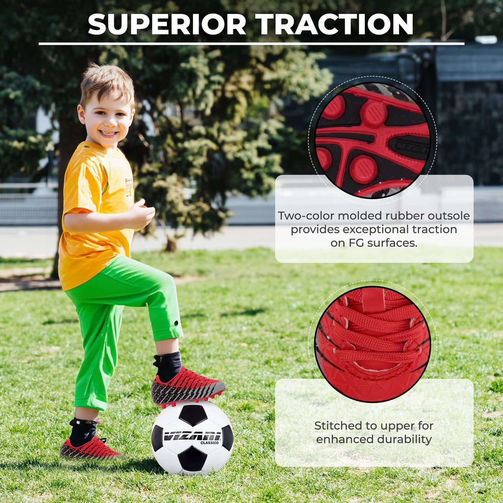 Vizari Bolt Youth Firm Ground Soccer Cleats – Red/Black/Silver