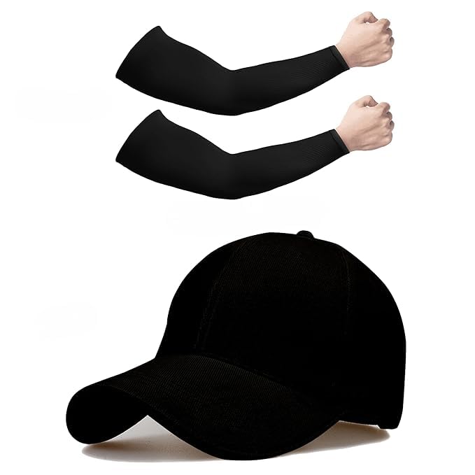 Black Baseball Cap With Arm Sleeves Combo, Cotton, Adjustable, Unisex, Sun Protection, Sports, Summer, Free Size