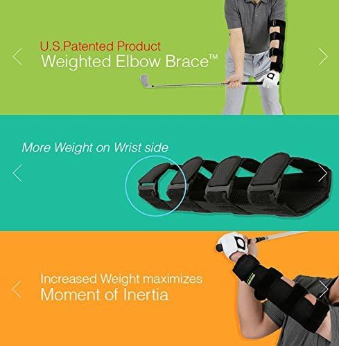 Weighted Elbow Brace - Shoulder Turn & Straight Arm Golf Swing Trainer Increasing The Moment Of Inertia Force (Rigid, Us Patente