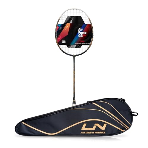 Lining AirForce 77 G3 Carbon Fibre Strung Badminton Racket with Full Cover (77g, Dark Grey/White/Gold)