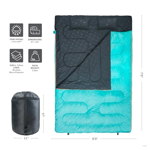 Teton Sports Cascade Double Sleeping Bag; Lightweight, Warm And Comfortable For Family Camping, Teal, 87 X 60
