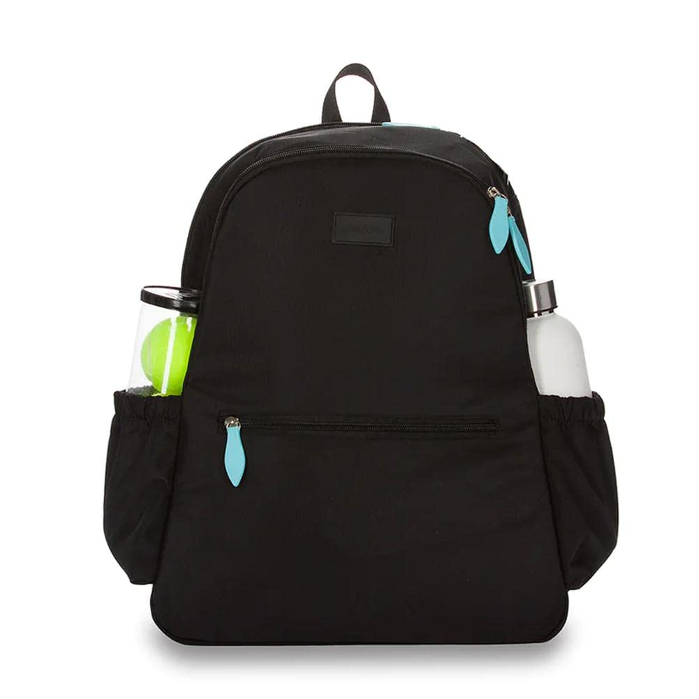 Ame & Lulu Courtside 2.0 Tennis Backpack - Removable Adjustable Straps - Exterior Pocket Fits Two Racquets - Black & Blue - 1 Co