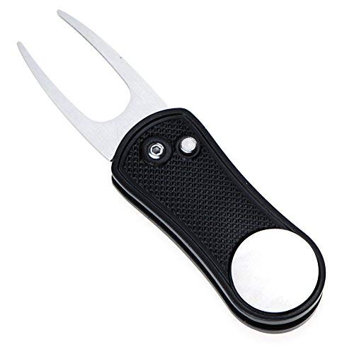 Mile High Life All Metal Foldable Golf Divot Tool With Pop-Up Button & Magnetic Ball Marker (Black Bone)