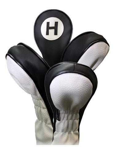 Majek Golf Headcovers Black And White Leather Style 1, 3, 5, H Driver Hybrid And Fairway Head Covers Fits 460Cc Drivers