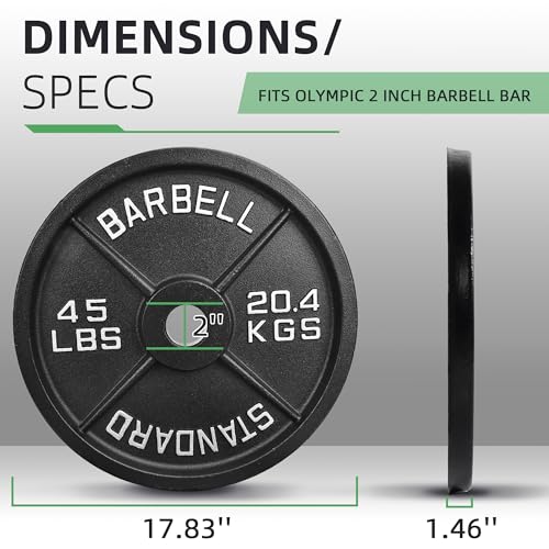 Fitvids Olympic Cast Iron 2-Inch Weight Plate for Strength Training & Weightlifting, Multiple Weights Available, 45LB (Pair)