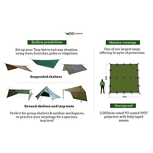 Dd Hammocks - Dd Tarp 4X4 - Coyote Brown (13Ft X 13Ft) - 100% Waterproof Lightweight & Multifunctional Rainfly Square Tarp Tent
