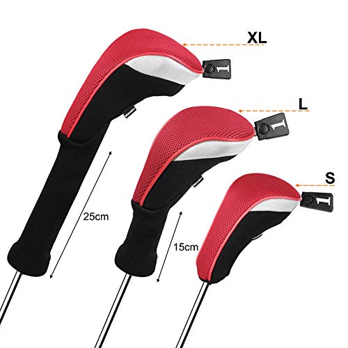 Andux 6Pcs/Set Golf Club Head Covers Long Neck (3Pcs Hybrid Covers + 3Pcs Wood Covers) (Black/Red)
