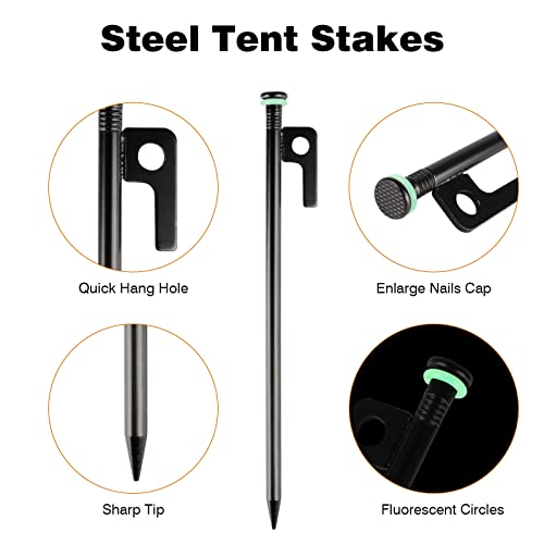 Tent Stakes Heavy Duty & Hammer Set,With 12In Tent Stake Remover +10 In Steel Tent Pegs+Storage Bag +Fluorescent Rubber Circle F