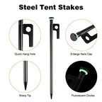 Tent Stakes Heavy Duty & Hammer Set,With 12In Tent Stake Remover +10 In Steel Tent Pegs+Storage Bag +Fluorescent Rubber Circle F