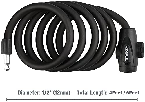 Titanker Bike Locks With Keys, Bike Lock Cable 4 Feet Coiled Secure Bike Cable Lock With Mounting Bracket, 12 Inch Diameter