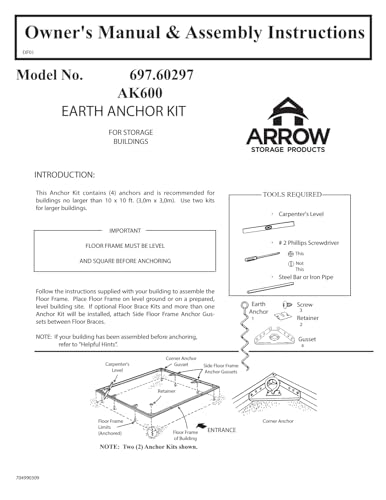 Arrow Shed Ak600 Earth Anchor Kit, Steel-Stainless
