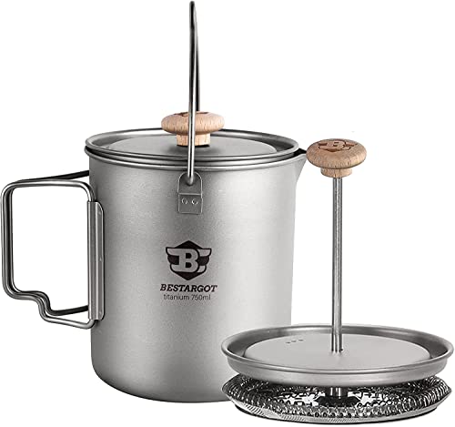 Bestargot Camping Titanium Pot, French Press Coffee Maker, Camp Cooking Pot With Light Wood Knob, 750Ml Camping Cup For Camping