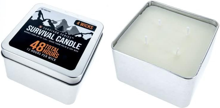 Se 4 Wicks Survival Candle In Tin Box, 48 Total Hours/12 Hours Per Wick Top Layer Soy Wax, Great Light Source Gear For Survival,