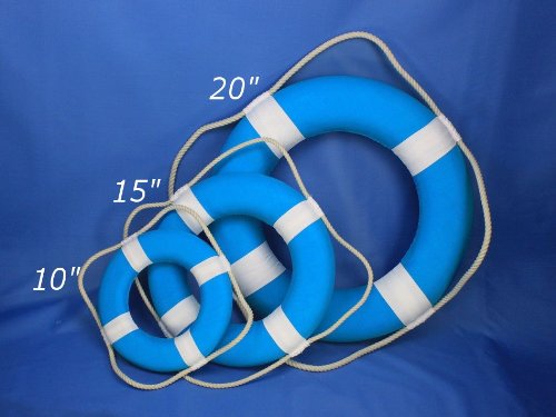 Hampton Nautical Vibrant Light Blue Lifering With White Bands, 15'' Decorative Lifering