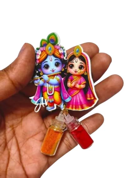 Sanvatsar Radha Krishna with Roli Chawal in Wish Bottle with Magnet, Decorative Kumkum Puja Items, Return Gift for Wedding, Hous