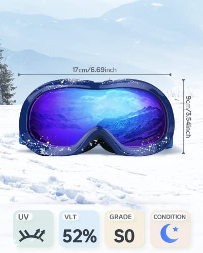 Velazzio Kids Ski Goggles, Snowboard Goggles Otg Snow Goggles Anti-Fog Double-Layer Lenses, 100% Uv Protection (Blue Frame/Blue