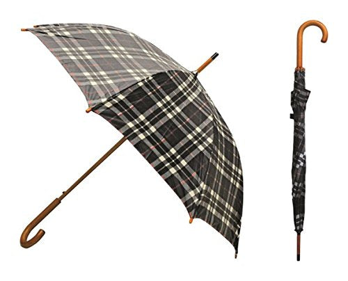 Rainbrella Classic Auto Open Umbrella With Real Wooden Hook Handle, Black Plaid, 46''