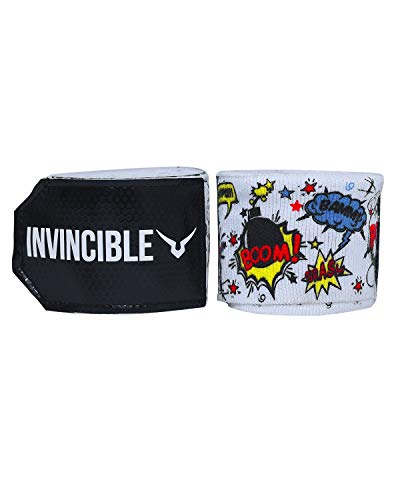 INVINCIBLE Nylon Mexican Style SemiStretch Boom Boom Printed Hand Wraps (White, 2.5 Meter)