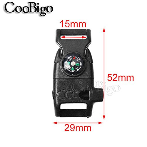 12Pcs Pack Mix Colors 5/8'' Compass Flint Scraper Fire Starter Whistle Buckle Plastic Paracord Bracelet Outdoor Camping Emergenc