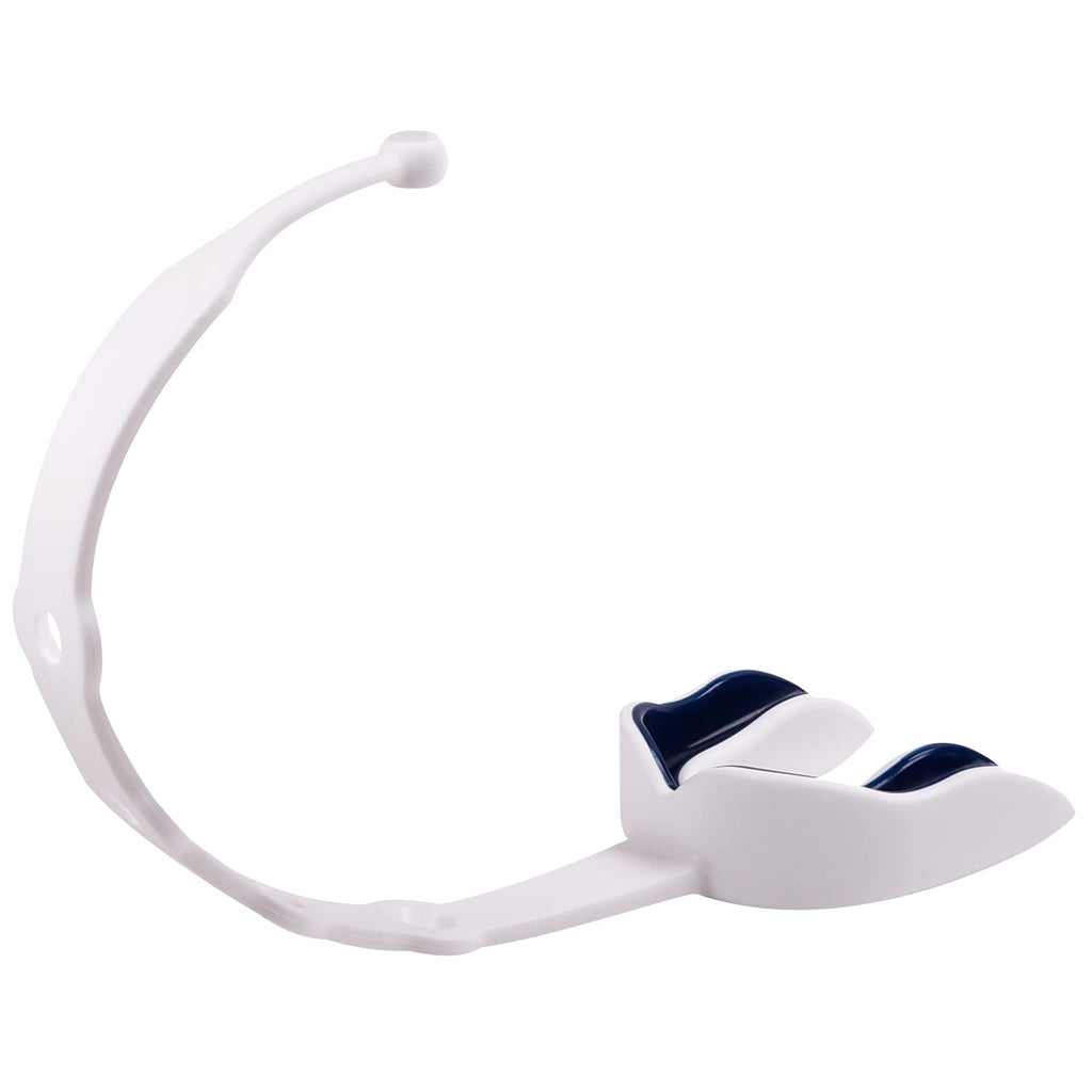 Oral Mart Strapped Youth Mouth Guard For Kids (White/Navy Blue) - Sports Mouthguard With Connected Strap For Football, Ice Hocke