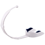 Oral Mart Strapped Youth Mouth Guard For Kids (White/Navy Blue) - Sports Mouthguard With Connected Strap For Football, Ice Hocke