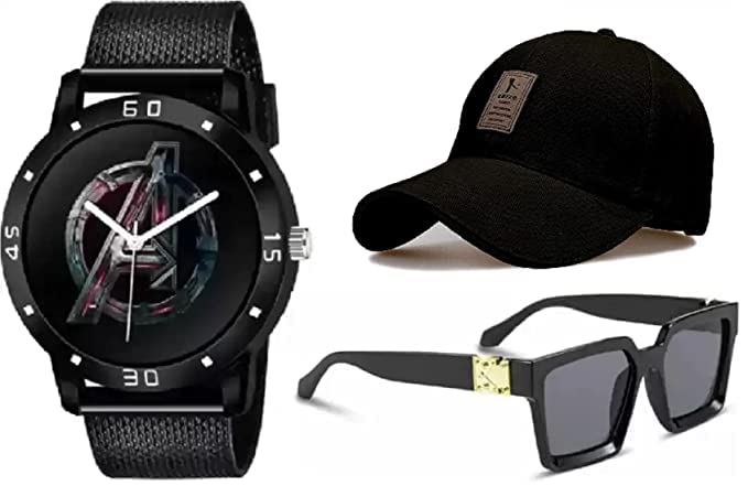 Corngate Solid Self Design Festival Offer Combo Watch Cap And Sunglasses Set For Men Stylish Accessories Pack Of 3