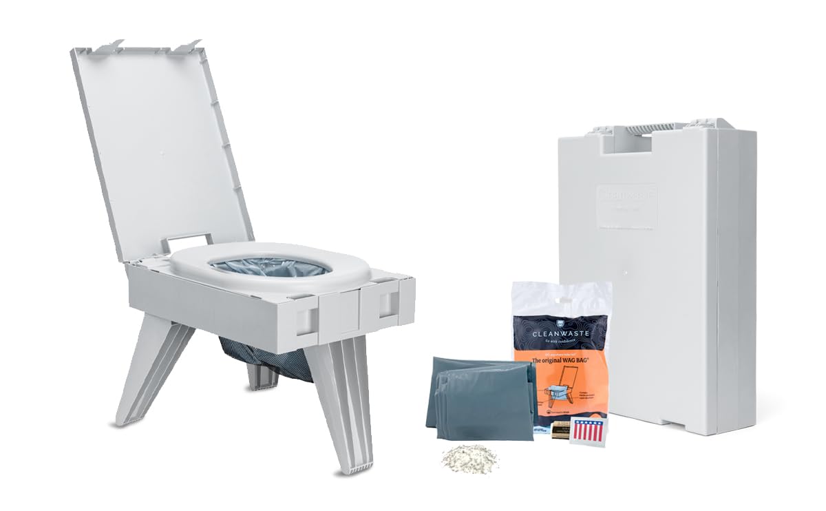 Cleanwaste Go Anywhere Portable Folding Toilet - Plus Bonus Original Wag Bag Kit - Camping, Travel, Medical, Emergency
