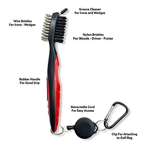 The Golfers Workshop 4Oz Club Cleaning Spray And Golf Club Brush With Groove Cleaner, 2Ft Retractable Zip-Line, Carabiner Clip (
