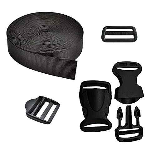 Side Release Buckles Clips, TriGlide Slides And Ladder Lock With 5Mt 1In Wide Nylon Webbing Strap For Backpack Repairing, Lugga