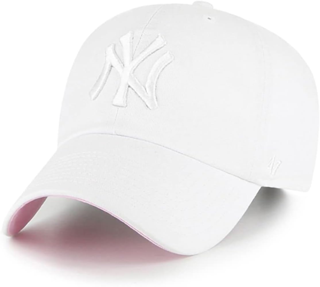 47 New York Yankees Primary Logo Ballpark Clean Up Dad Hat Baseball Cap - White White Pink Bottom