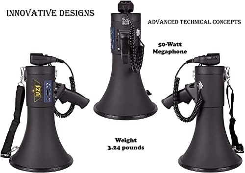 Uzi High Power Loud Big Bluetooth Megaphone 50W, Real Siren, Bullhorn, Rechargeable Battery, Portable Speaker, Pa System, Adjust