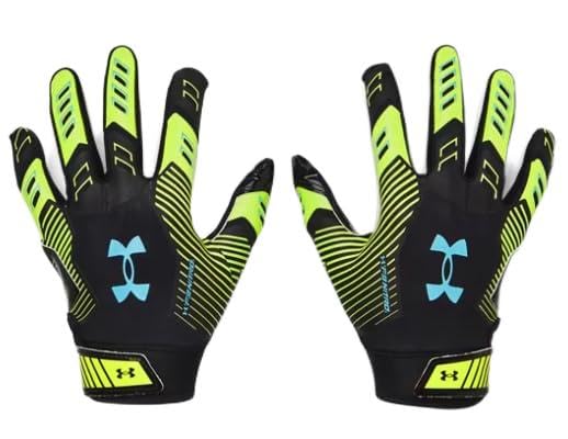 Under Armour Boys F9 Novelty Football Gloves, (002) Black/High-Vis Yellow/Sky Blue, Small