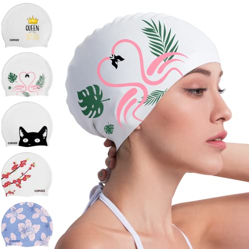 Copozz Swim Cap For Women, Silicone Waterproof Comfy Swimming Bathing Cap For Long Hair With Flamingo Printed
