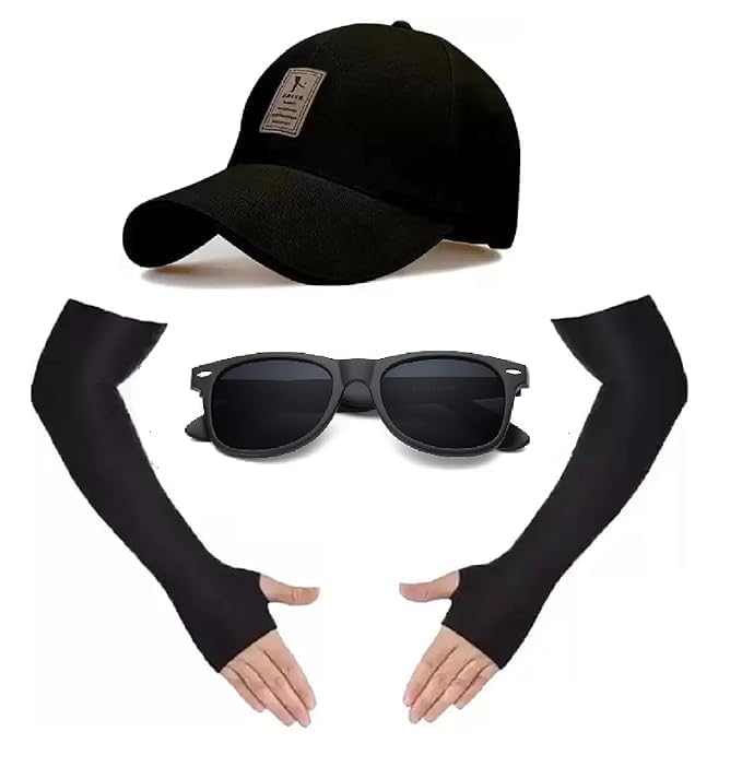 Bynomo Stylish Cotton Baseball Cap For Men, Women, Kids With Uv Protection Cooling Arm Sleeves Cover Gloves And Sunglasses Pack 