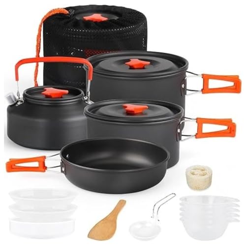Bisonberg 11 Pcs Cookware Set, Mess Kit, Accessories For Outdoor Camping, Utensils With Carry Bag, Bowl Pot Pan Set - Nonstick A